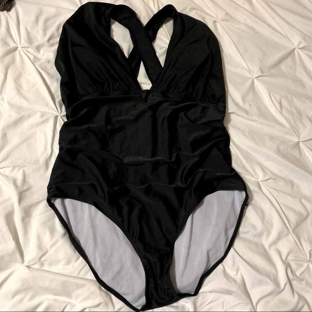Black Plunge One Piece Swim Suit
